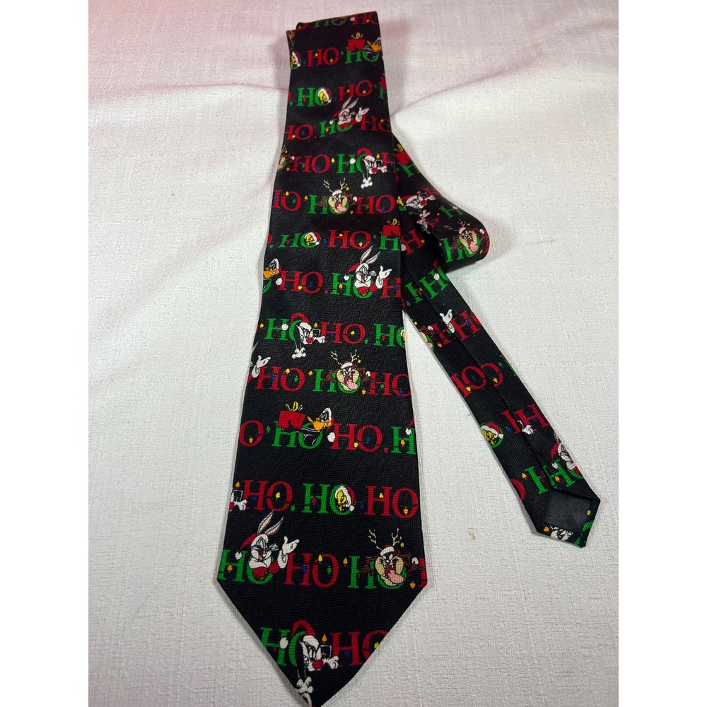 Vintage 1999 Looney Tunes Christmas Silk Tie Bugs Bunny Taz Ho Ho Ho Black